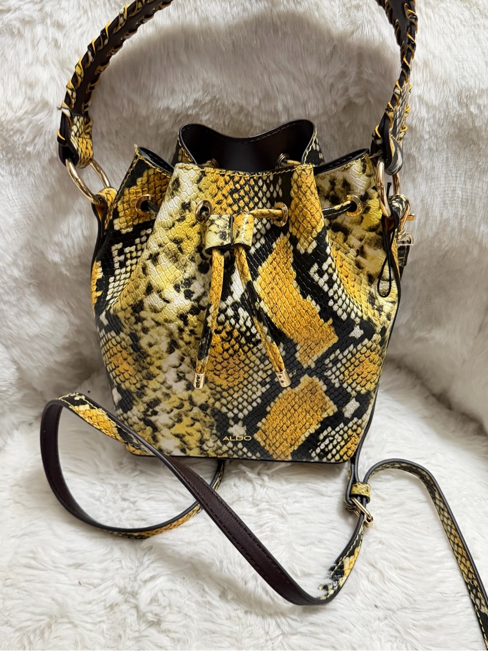 Aldo Yellow & Black Snake-Print Drawstring Bucket Bag
